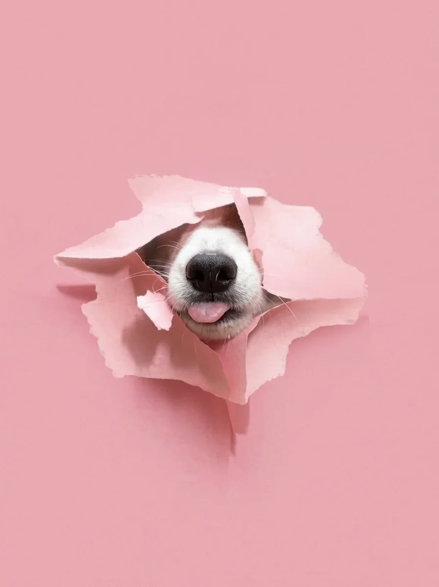 Happy dog poking its nose through a torn opening, announcing doggy day care coming soon